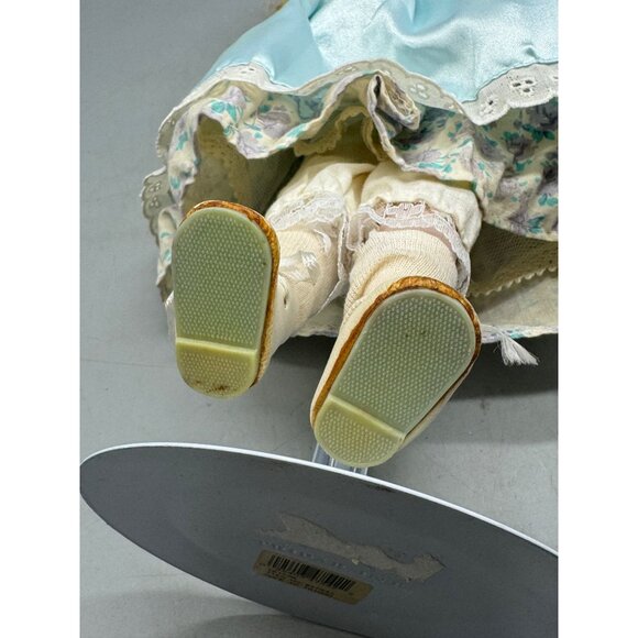 Vintage Porcelain Doll Blonde Curly Hair Blue Eyes Dress Lace Trim Figurine READ - Picture 9 of 11